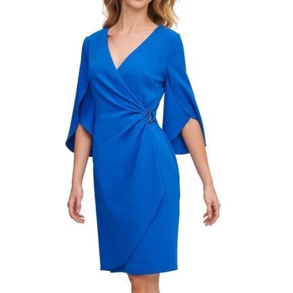 NWT DKNY Womens Petal Sleeve Evening Faux Wrap Dress in Royal Navy size 4 - Picture 1 of 8
